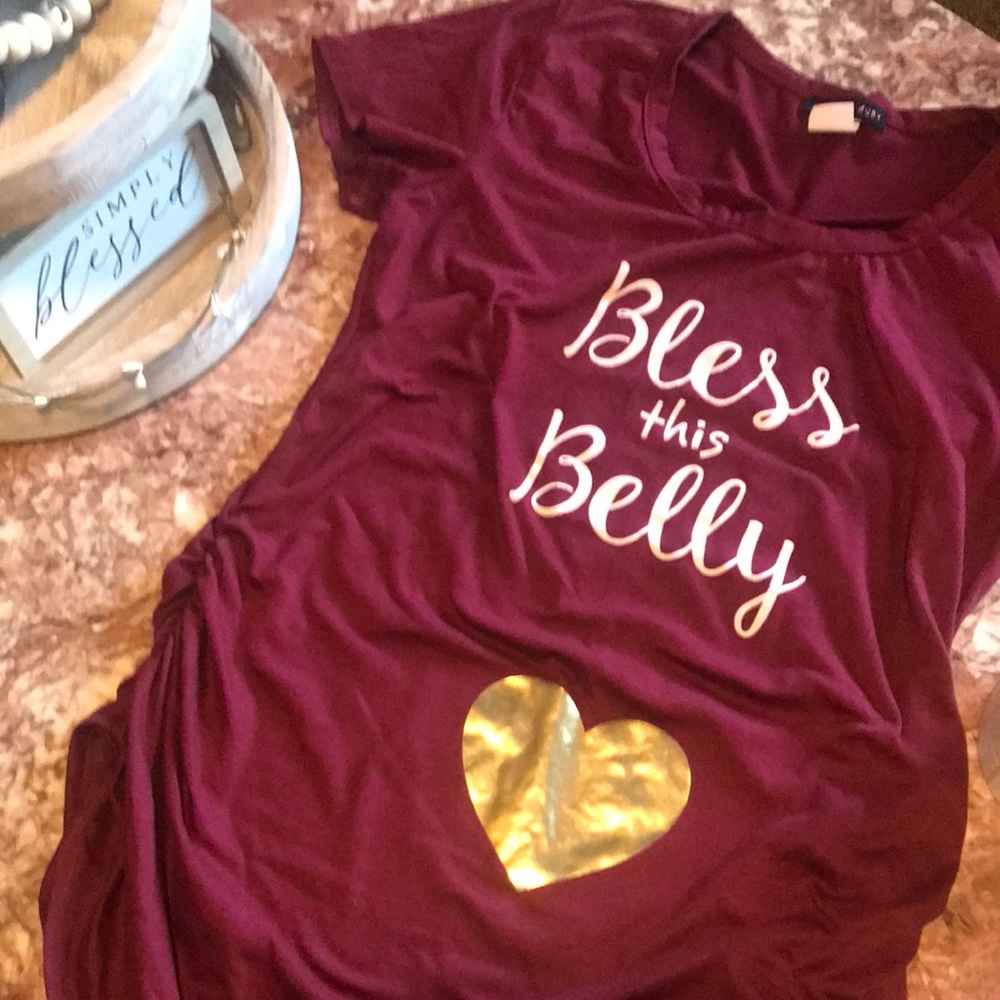 🥰 Maternity Shirt Bless This Belly💛 Adorable!!👶 Burgundy Wine Color